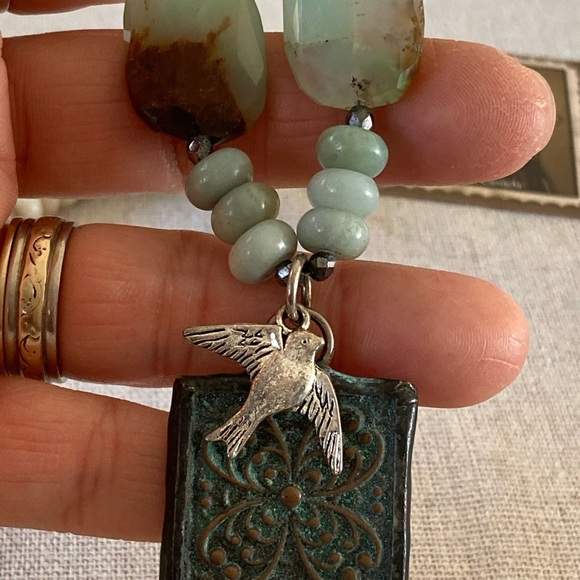 New Boho Chrysoprase Quartz & Amazonite Necklace w verdigris copper pendant … - Picture 4 of 11